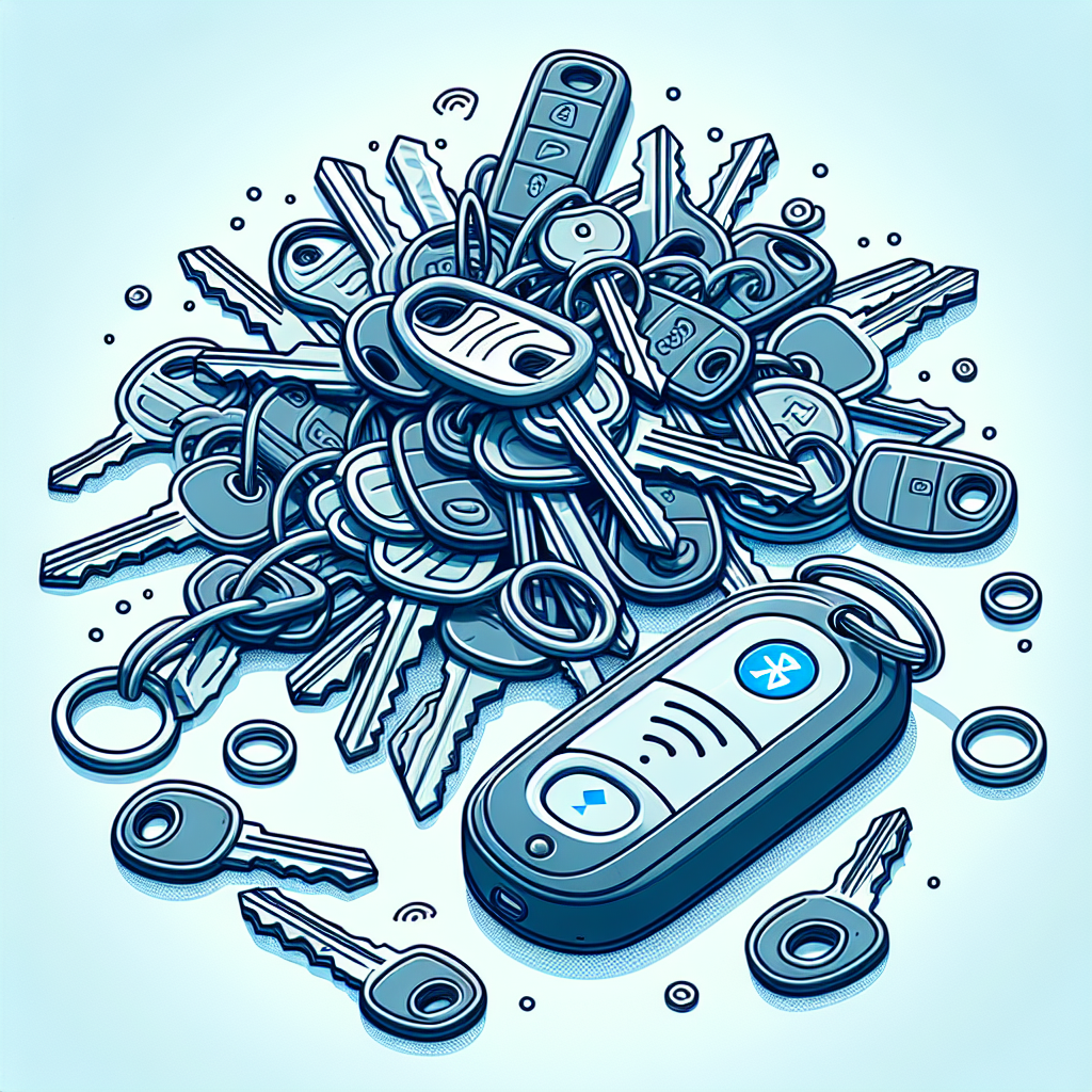 Illustrasjon av et knippe med flere nøkler spredt på en klar overflate med en Bluetooth-nøkkelfinner ved siden av.