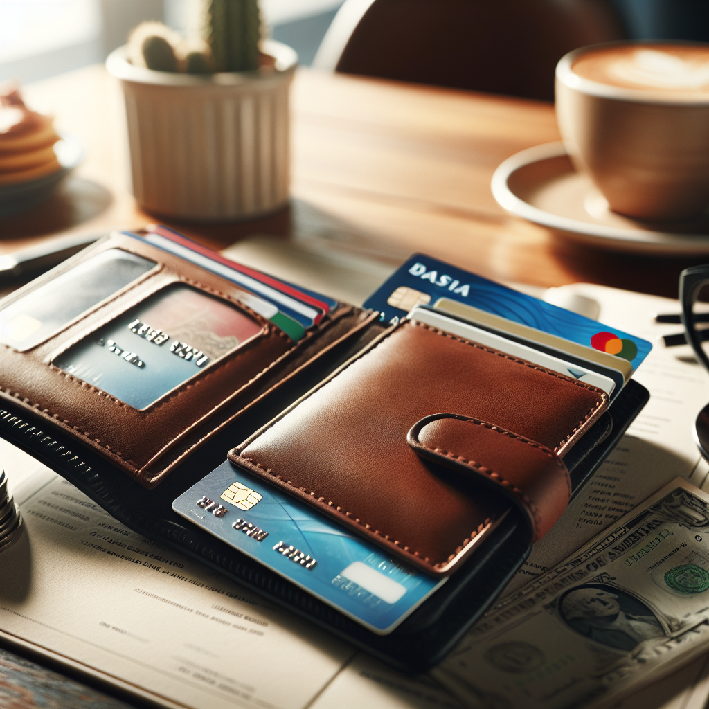 Nærbilde av en åpen lommebok på et kafébord med ID-kort og bankkort spredt, myk dagslys, realistisk, rolig stil