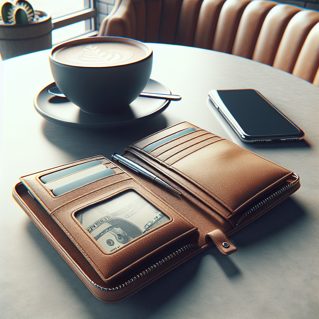 Nærbilde av en tom, åpen lommebok på et kafébord med en mobiltelefon ved siden av, realistisk og moderne stil, nøytrale farger