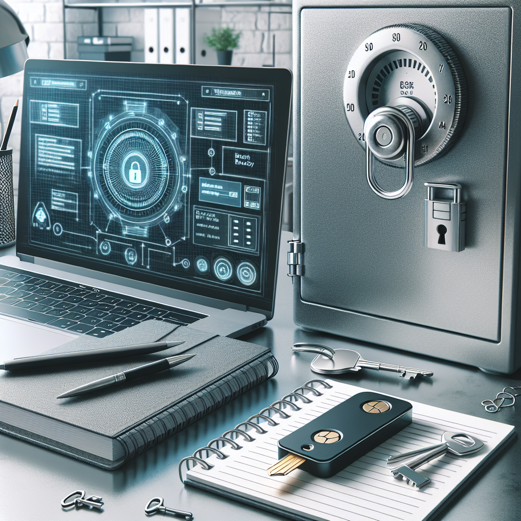 Et moderne skrivebord med en laptop, en fysisk sikkerhetsnøkkel (YubiKey), en notatbok med backup-koder og et låsbart hvelv i bakgrunnen, tydelig digital sikkerhetstema